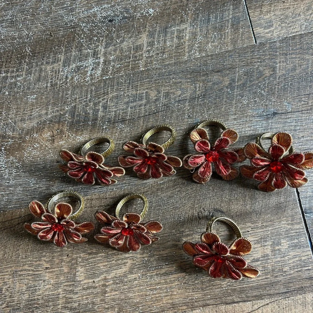 Pier 1 Imports Red Gold Beaded Flower Napkin Rings Set of 8‎ Jeweled Floral Boho